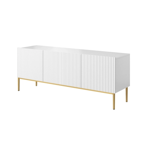 Szafka RTV Nicole 150 cm na metalowych nogach z szufladą - biały mat / złote nóżki